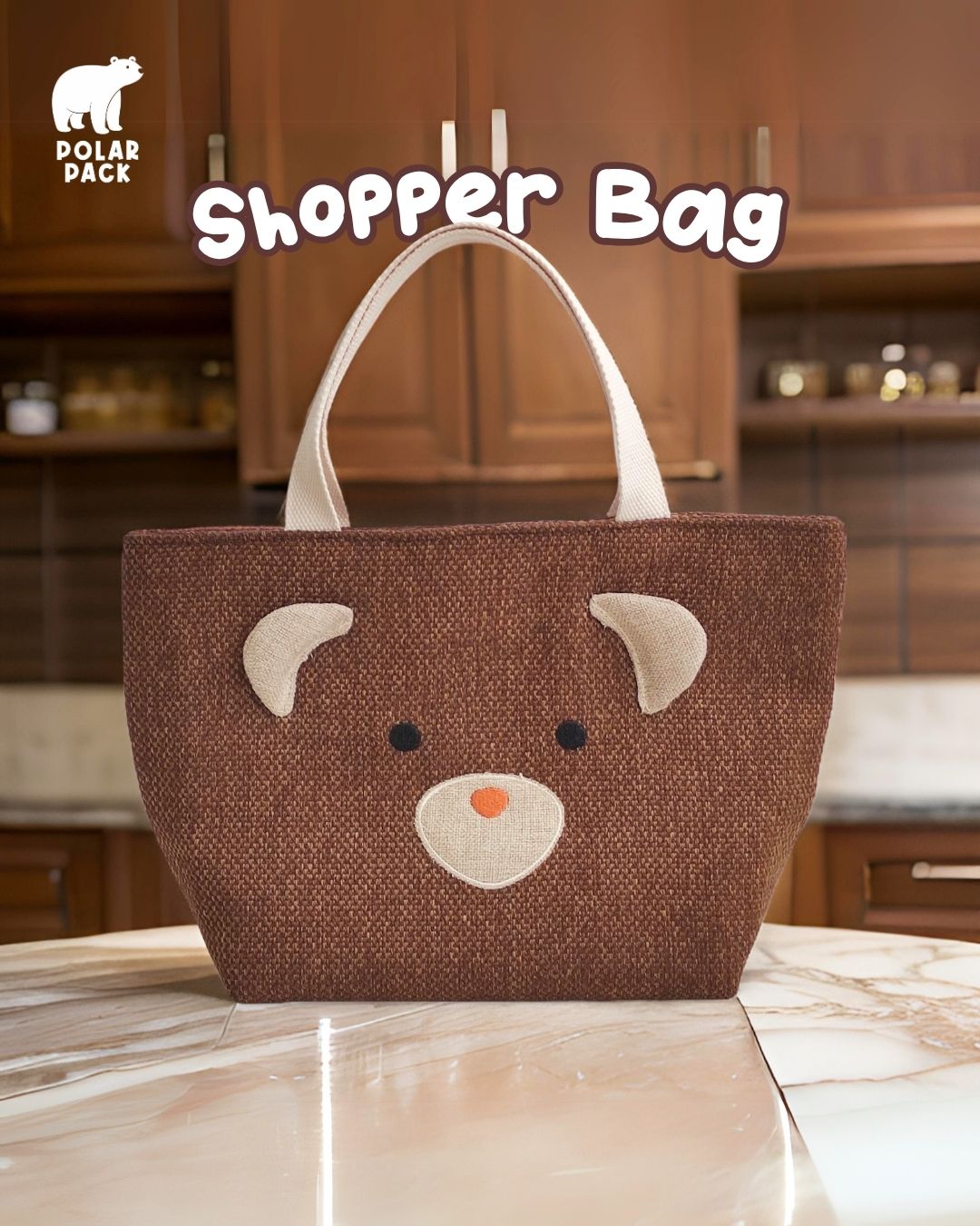Shopper bag thermal anak motif beruang coklat dari Polar Pack.