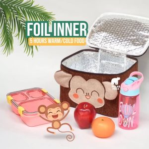 Thermal bag anak motif monyet coklat dengan inner foil, menjaga bekal hangat/dingin 5 jam.