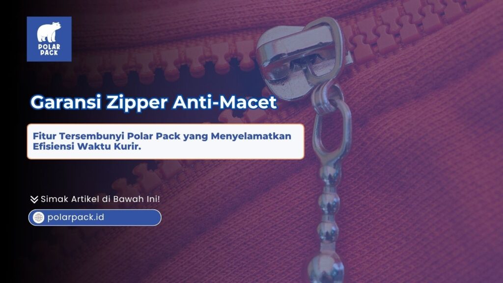 Garansi zipper anti-macet Polar Pack yang menampilkan foto jarak dekat ritsleting besar warna jingga dengan kepala ritsleting logam perak berkilau