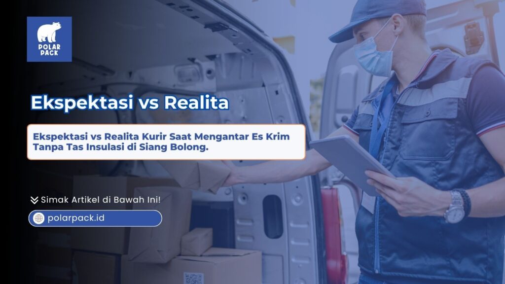 Ilustrasi ekspektasi vs realita kurir bermasker saat mengemas dan mengantar paket kotak kardus dari bagasi mobil van menggunakan tablet digita