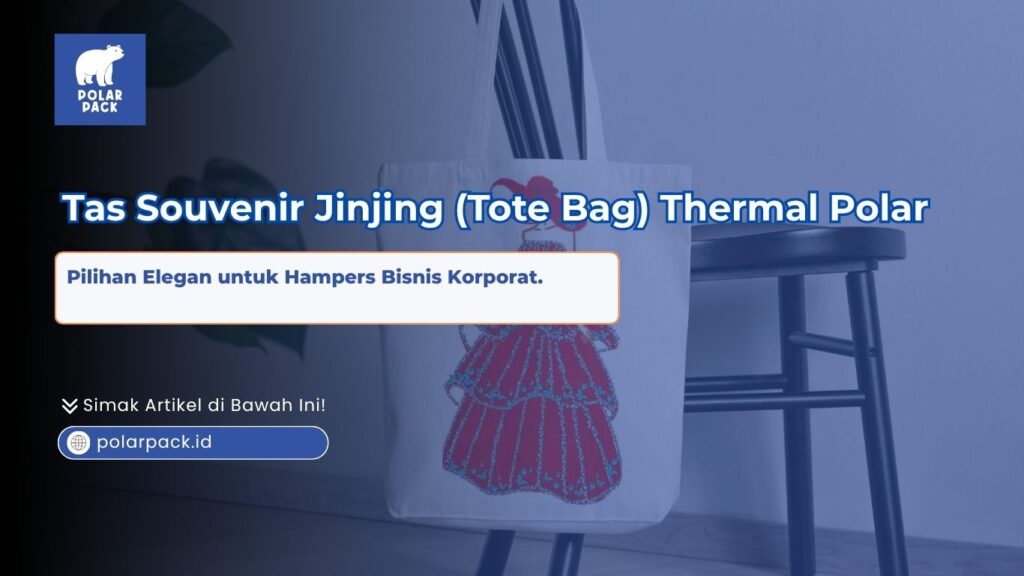 Tas souvenir jinjing tote bag thermal Polar Pack pilihan elegan untuk hampers bisnis korporat yang menampilkan tote bag kain putih bermotif gaun merah digantung di kursi berlatar biru